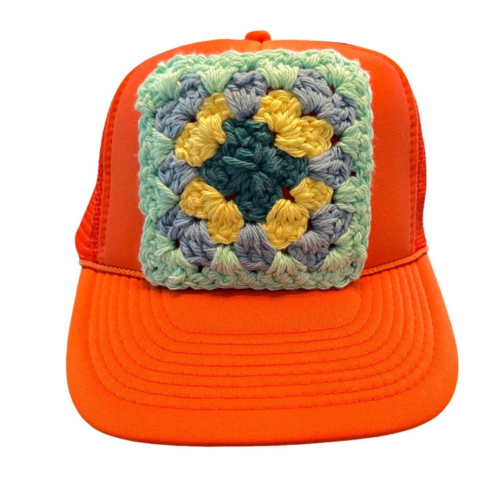 HANDMADE Crochet Granny Square Trucker Hat in Orange NWT Cottagecore Boho Beach